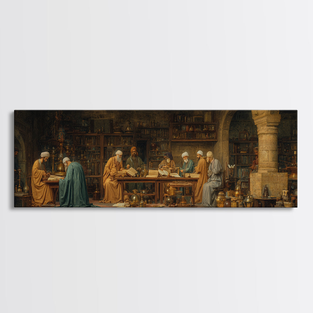 Intricate Middle Eastern Study Scene With Scholars And Books Classic Style Oil Painting Wall Art Framed Canvas Print