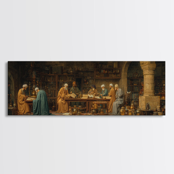 Intricate Middle Eastern Study Scene With Scholars And Books Classic Style Oil Painting Wall Art Framed Canvas Print
