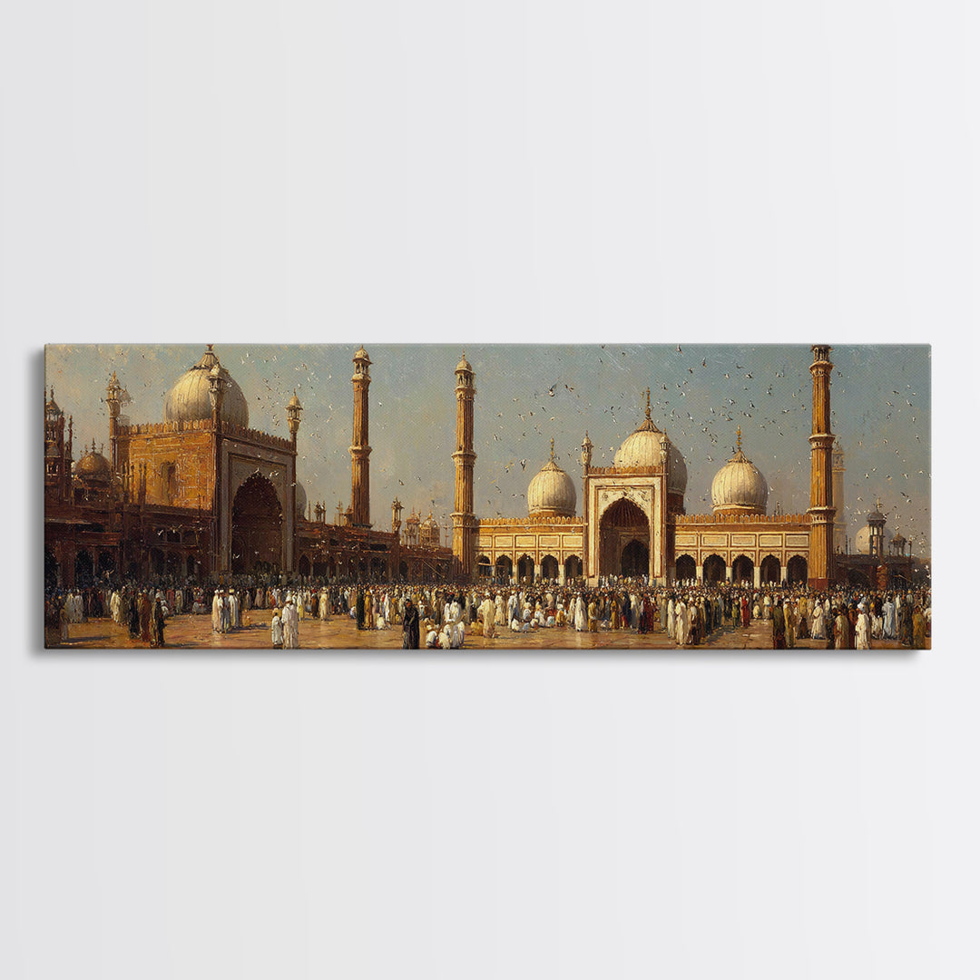 Vintage Indian Mosque Scene With Crowds In Traditional Attire Antique Oil Painting Wall Art Framed Canvas Print
