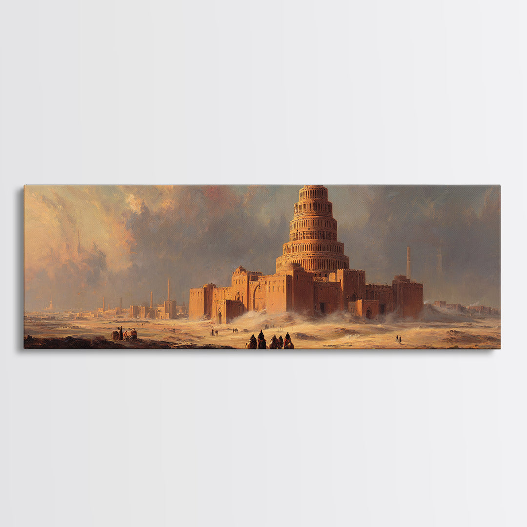 Ancient Desert Ziggurat At Sunrise Canvas Print, Fantasy Architecture Wall Art, Babylon Tower Landscape, Warm Neutral Decor
