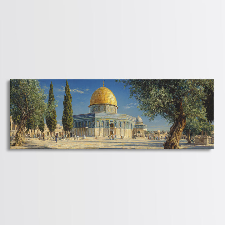 Beautiful Dome Mosque Courtyard With Olive Trees Under Blue Sky Traditional Middle Eastern Oil Painting Wall Art