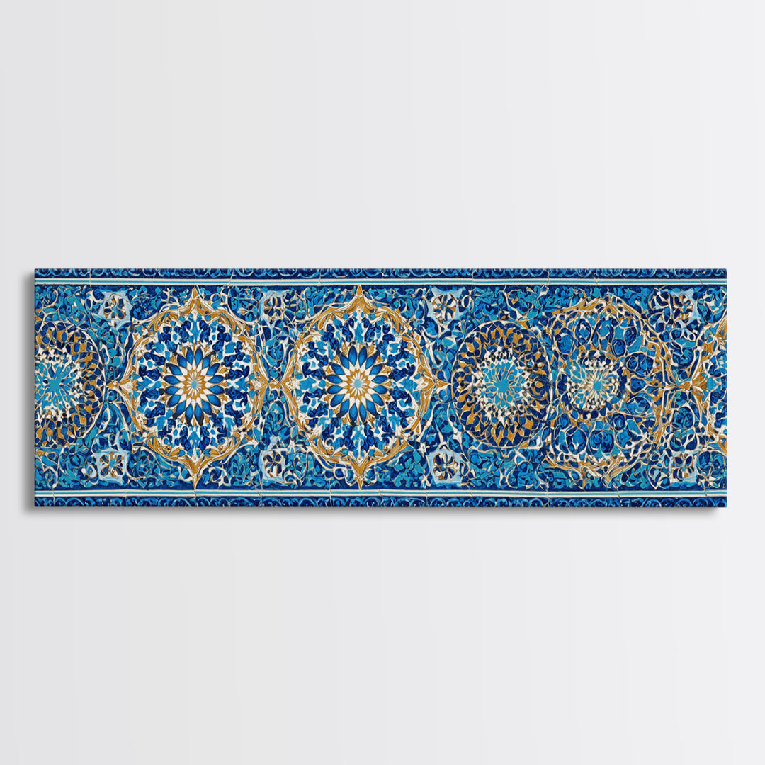 Detailed Handpainted Islamic Tile Blue And Gold Pattern Artwork Canvas Print For Moroccan Home Decor And Framed Wall Art