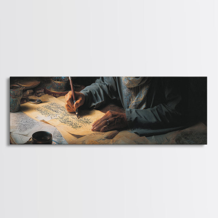 Traditional Calligraphy Artist Writing Arabic Script On Ancient Parchment Wall Art