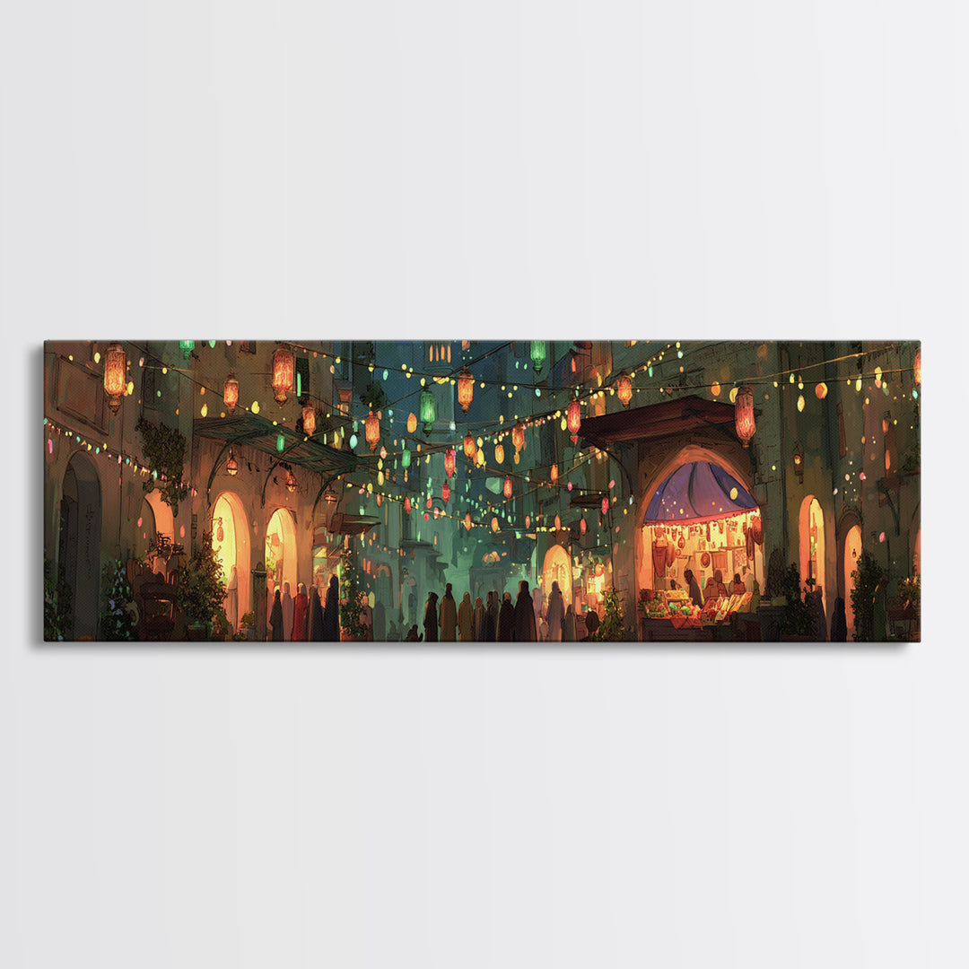 Vibrant Nighttime Street Market Scene With Lanterns And Crowds Framed Canvas Print