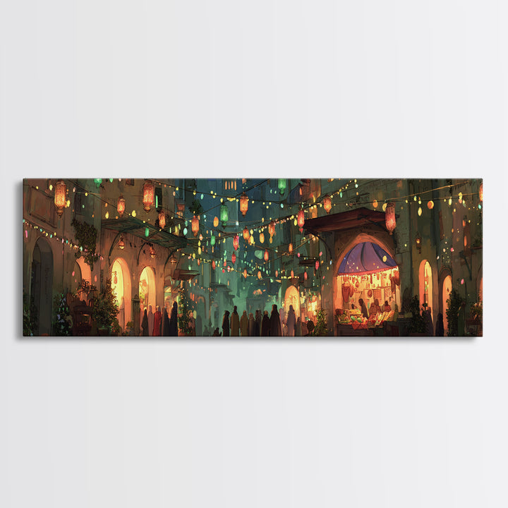 Vibrant Nighttime Street Market Scene With Lanterns And Crowds Framed Canvas Print