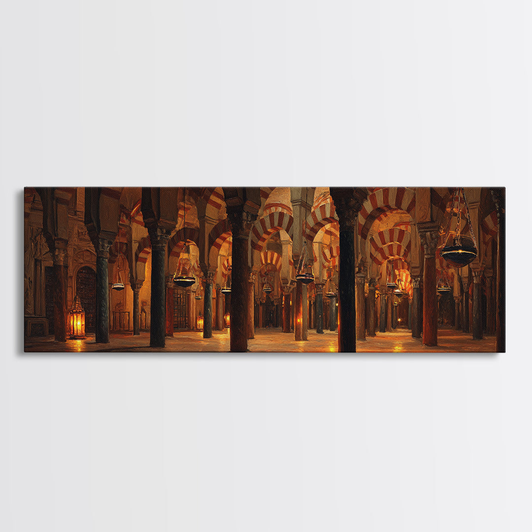 Warm Glowing Columns Of Ancient Mosque Interior With Arches Framed Canvas Print For Rustic Home Decor And Statement Wall Art
