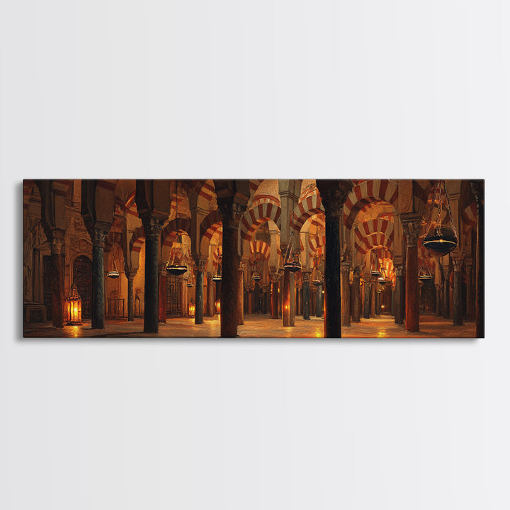 Warm Glowing Columns Of Ancient Mosque Interior With Arches Framed Canvas Print For Rustic Home Decor And Statement Wall Art