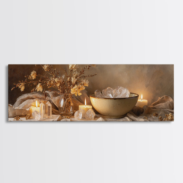 Crystals Candles And Dried Flowers Wall Art, Moody Spa Framed Canvas Print, Zen Meditation Decor For Cozy Living Room Art