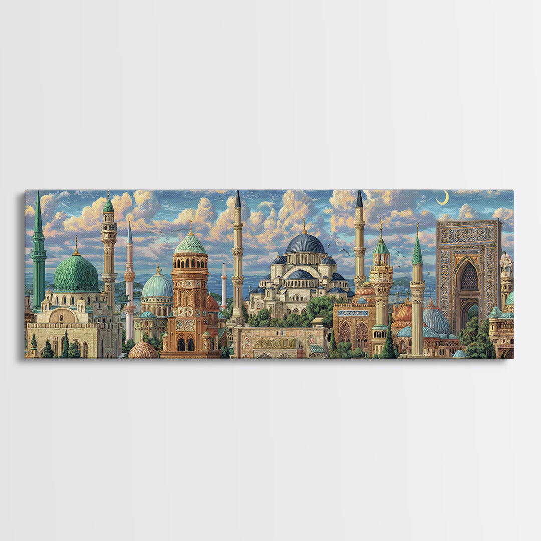 Historic Mosque With Intricate Islamic Architecture And Blue Domes Framed Canvas Print Fine Art Wall Decor For Home And Office
