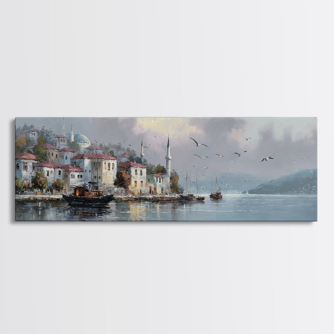 Scenic Coastal Fishing Village With Boats In Harbor Under Soft Cloudy Sky Framed Canvas Print For Rustic And Vintage Wall Art