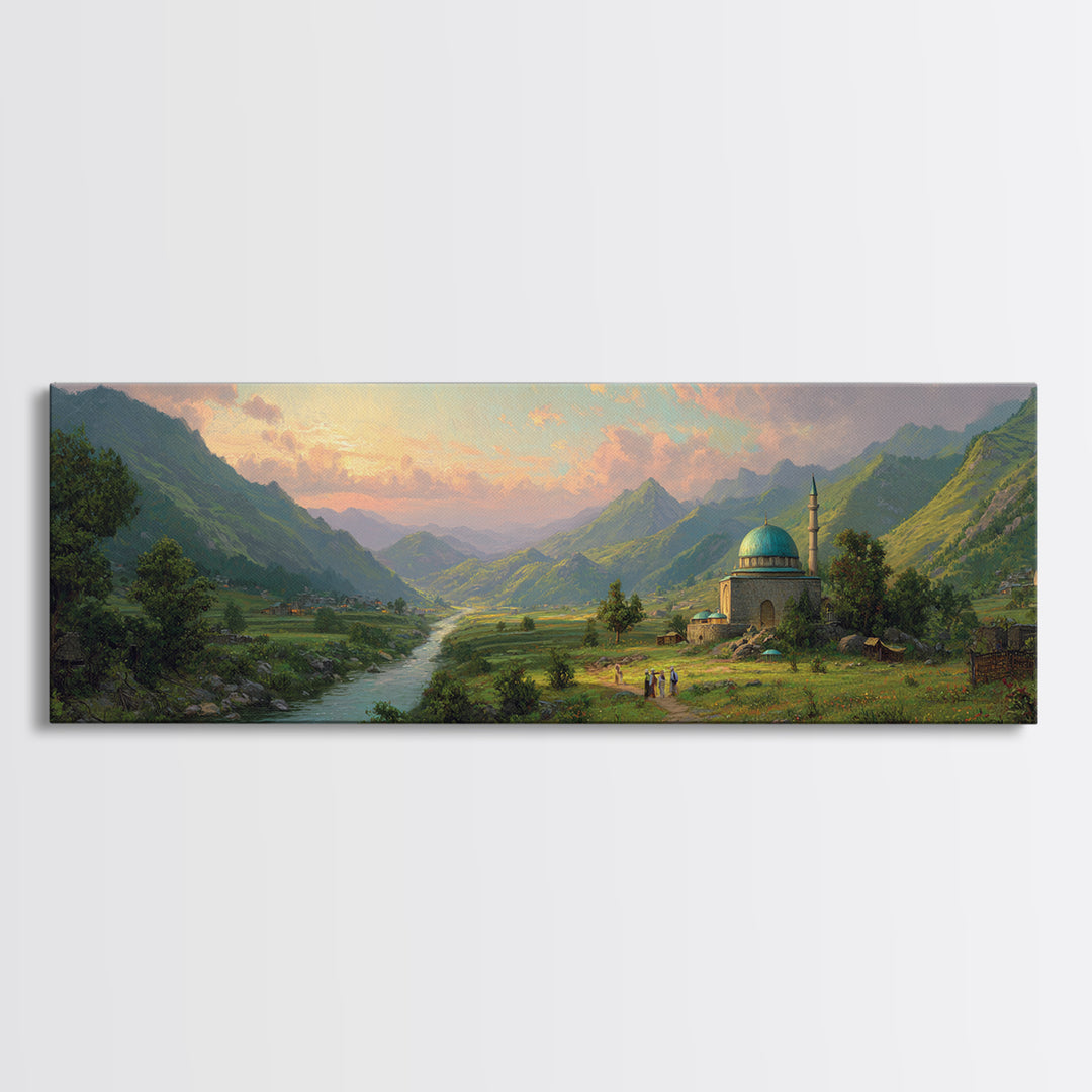 Beautiful Serene Mountain Landscape With River And Village, Romantic Nature Oil Painting Framed Canvas Print, Large Wall Art For Home Decor