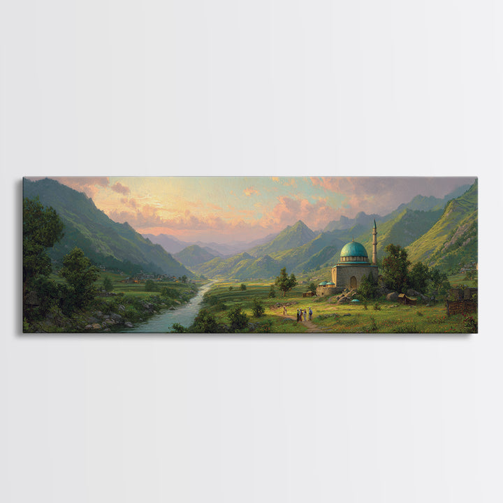 Beautiful Serene Mountain Landscape With River And Village, Romantic Nature Oil Painting Framed Canvas Print, Large Wall Art For Home Decor
