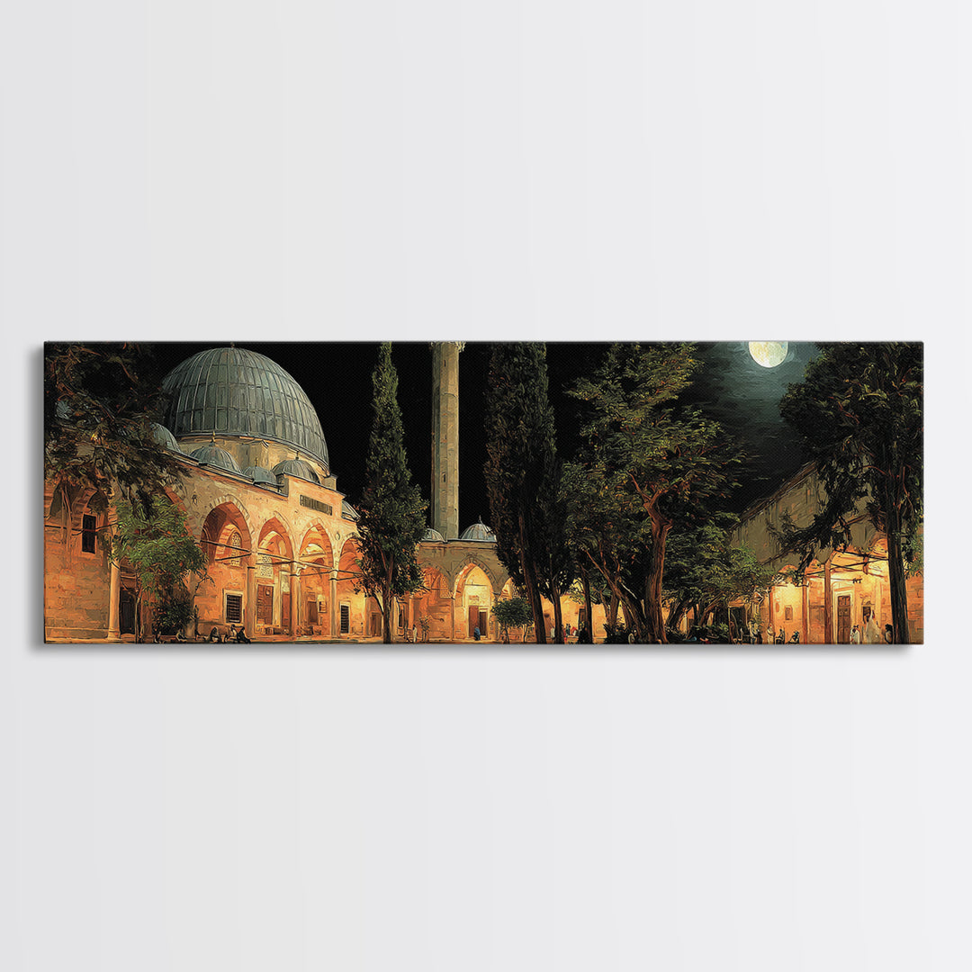 Nighttime Mosque Courtyard With Warm Lighting And People Gathered Framed Canvas Print For Spiritual Wall Art
