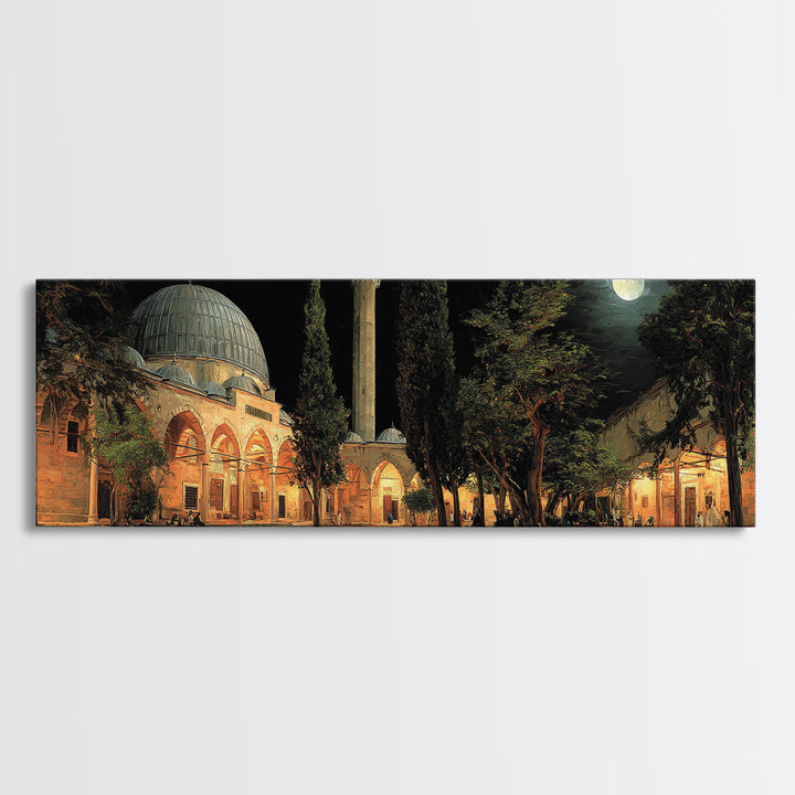 Nighttime Mosque Courtyard With Warm Lighting And People Gathered Framed Canvas Print For Spiritual Wall Art