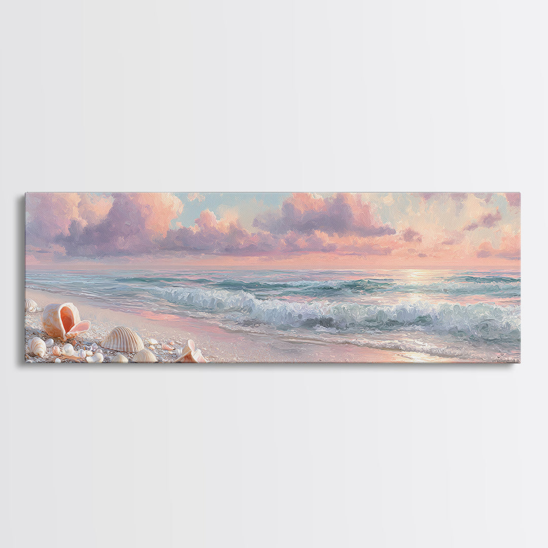 Pastel Ocean Waves And Shells Beach Wall Art, Coastal Canvas Print, Seashell Bathroom Decor And Beach House Gift For Her
