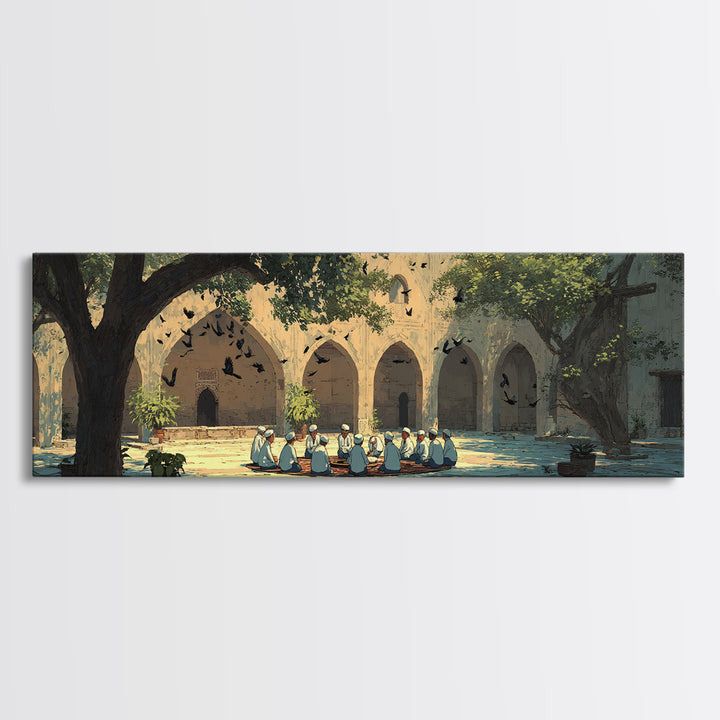 Historic Courtyard With Men In Traditional Clothing Sitting And Talking Framed Canvas