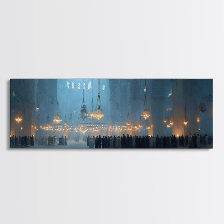 Ethereal Interior Of Historic Mosque With Soft Blue Tone And Glowing Chandeliers Canvas Print