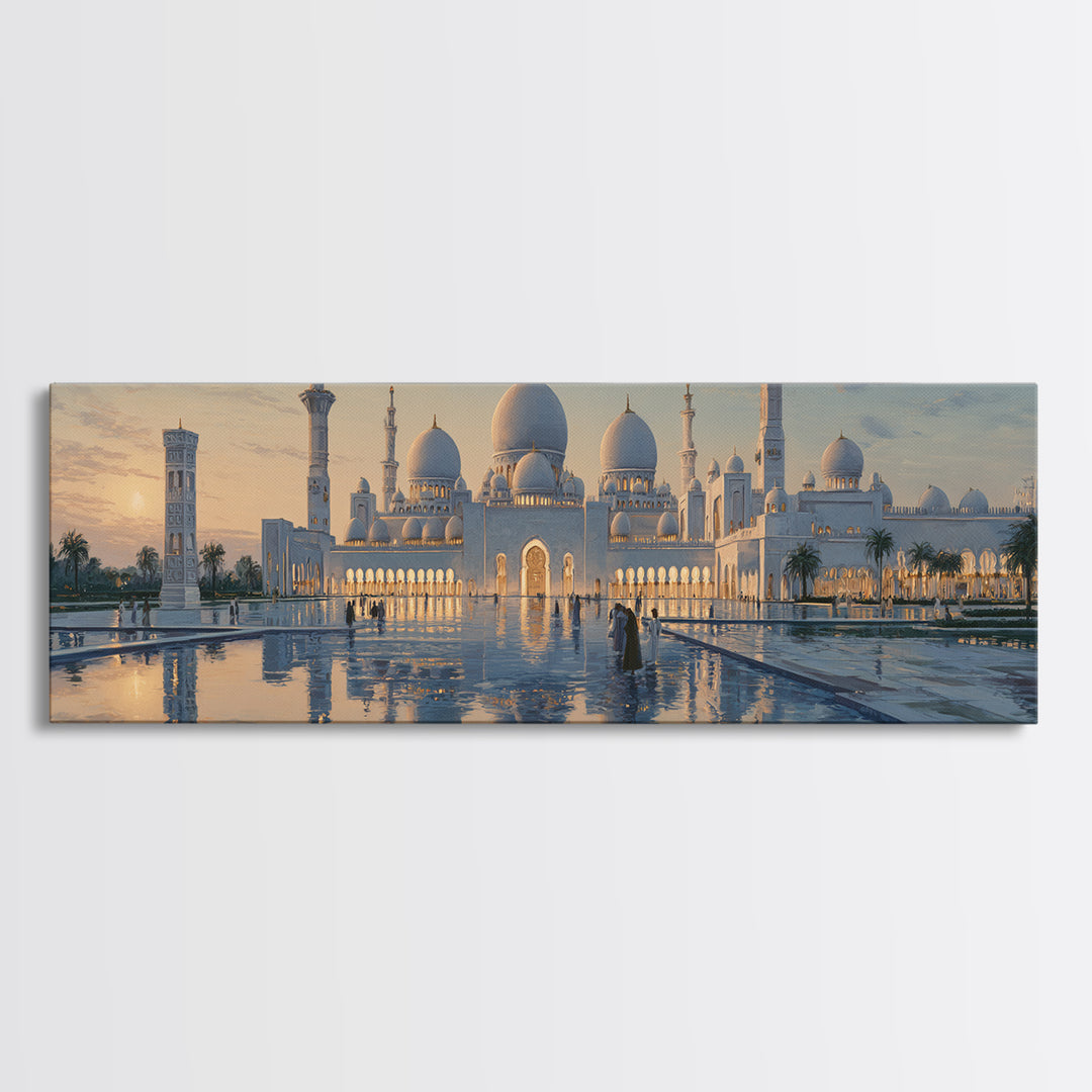 Majestic Mosque Sunset Golden Hour With Warm Glow And Reflections - Elegant Architectural Wall Art Canvas Print For Home Decor