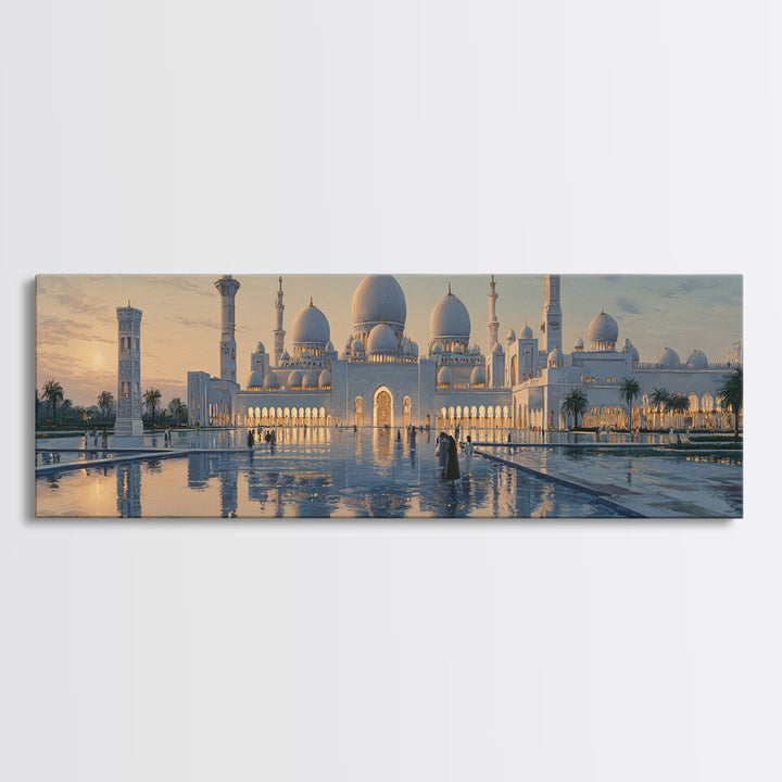 Majestic Mosque Sunset Golden Hour With Warm Glow And Reflections - Elegant Architectural Wall Art Canvas Print For Home Decor