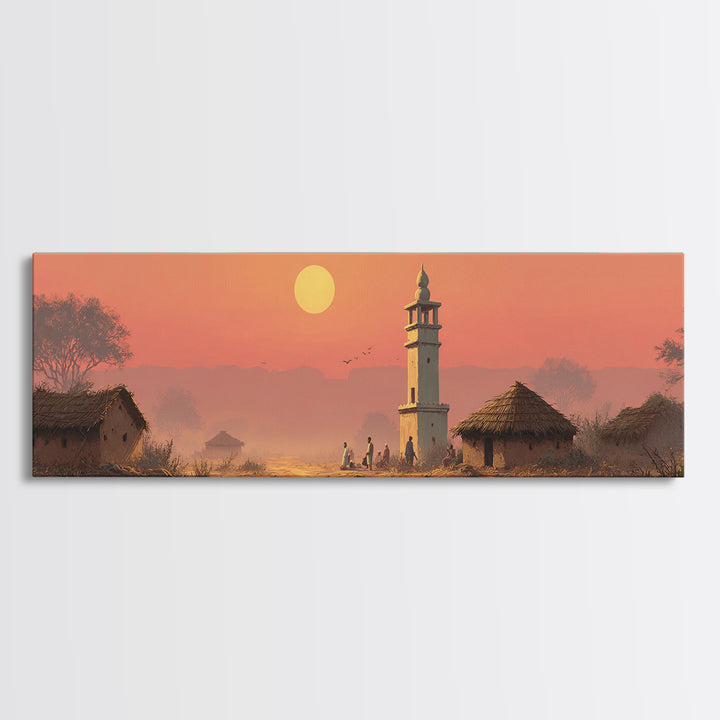 Rural Village Minaret At Peach Sunset Wall Art, Islamic Landscape Print, Prayer Room Decor, Warm Farmhouse Home Decor Gift