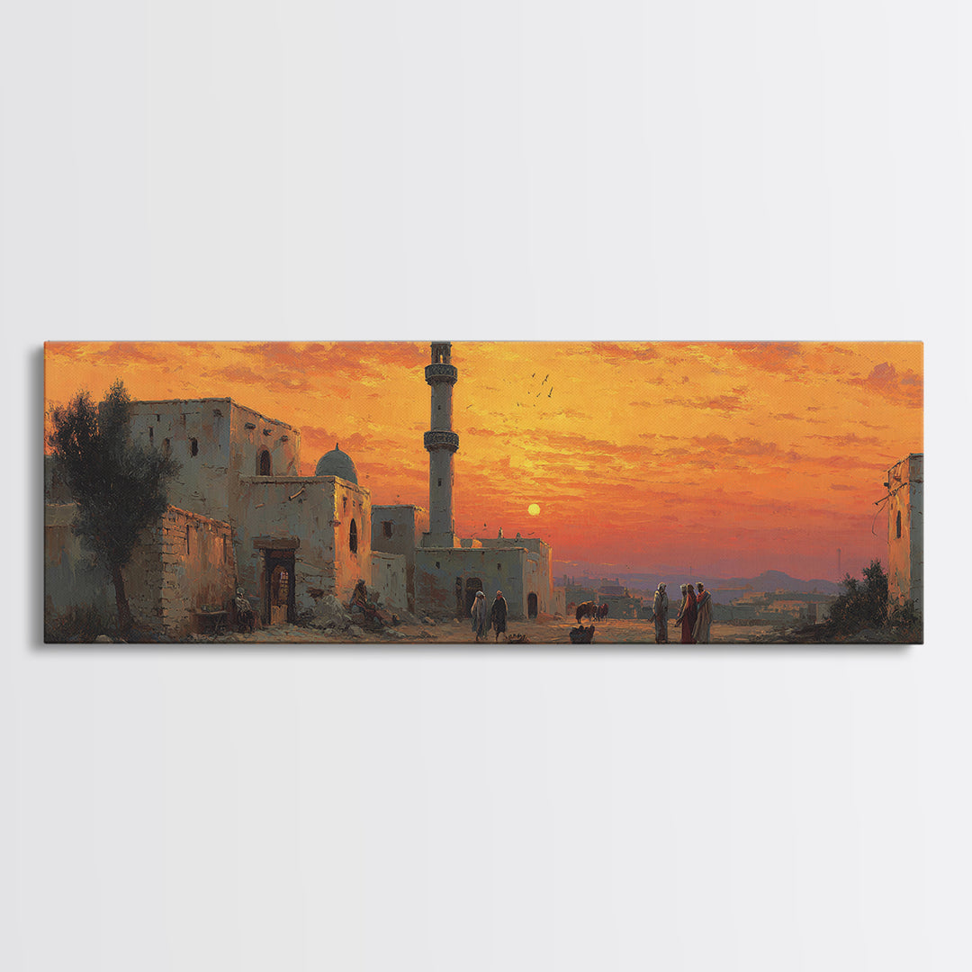 Stunning Sunset Over Desert Village With Minaret Oil Painting Warm Landscape Wall Art Framed Canvas Print For Home And Office