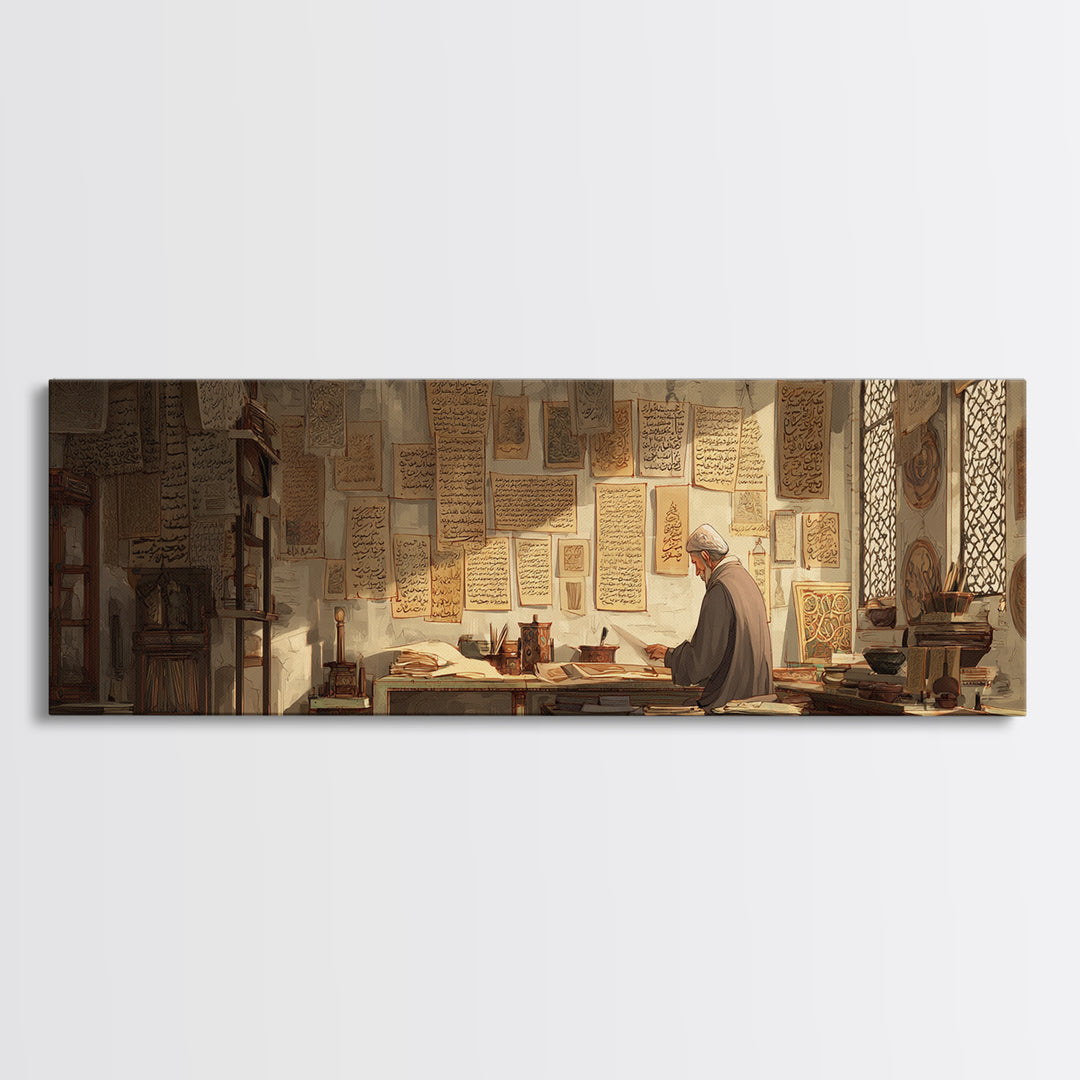 Old Scholar Reading Ancient Manuscripts In Historic Study Room Canvas Print Wall Art For Office Decor