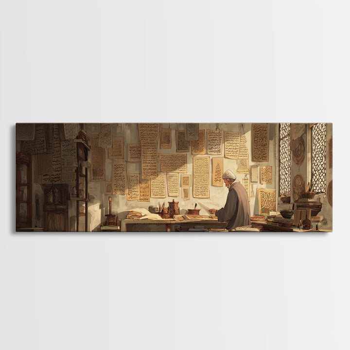Old Scholar Reading Ancient Manuscripts In Historic Study Room Canvas Print Wall Art For Office Decor