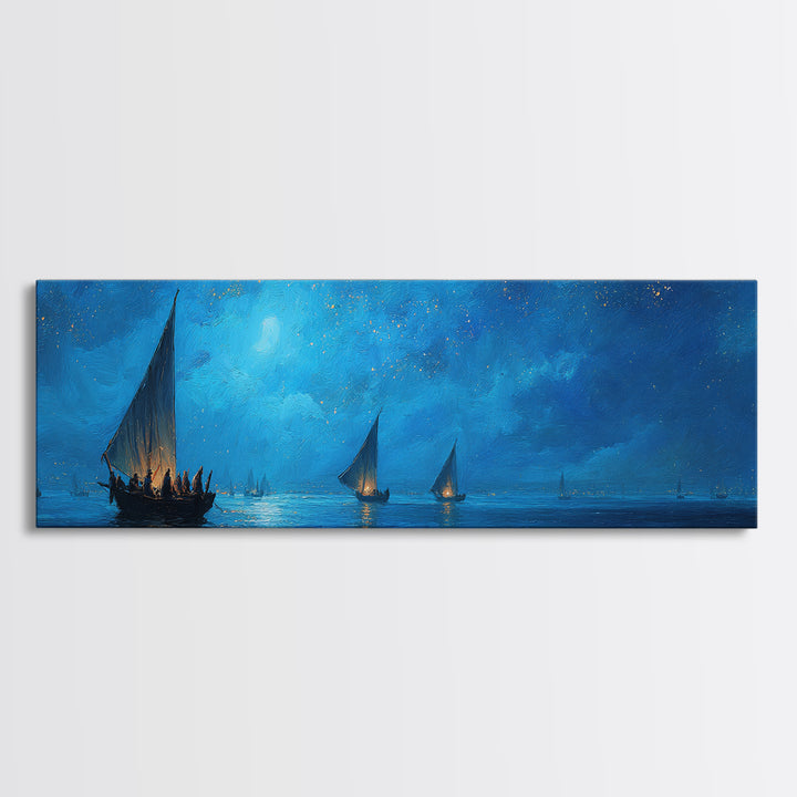 Fantasy Dusk Scene Sailing Boats On Calm Sea Under Moonlight Stunning Landscape Oil Painting Framed Canvas Print for Bedroom Wall Art