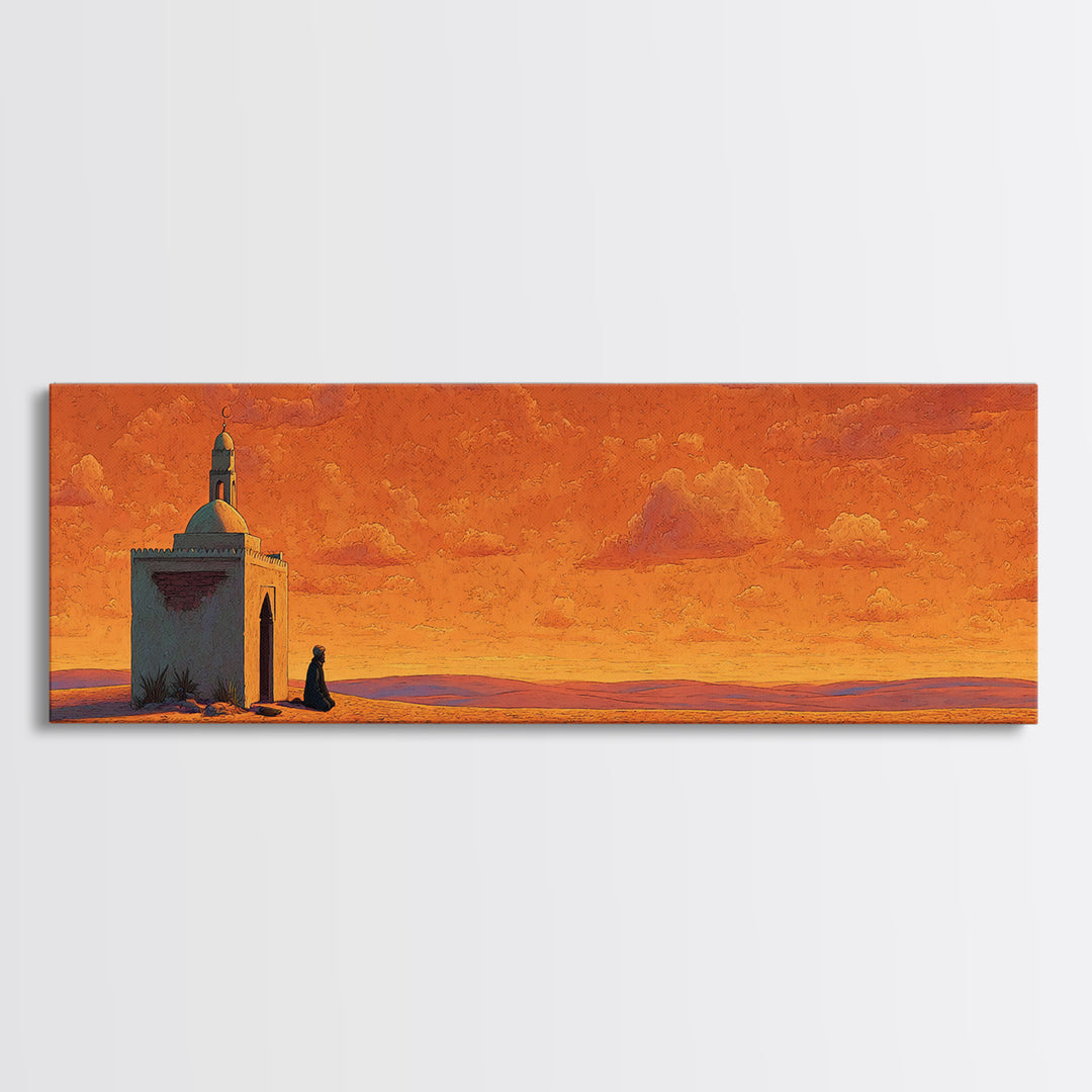 Orange Desert Mosque At Sunset Wall Art, Islamic Landscape Print, Panoramic Canvas, Prayer Room Decor, Warm Earth Tone Home Decor