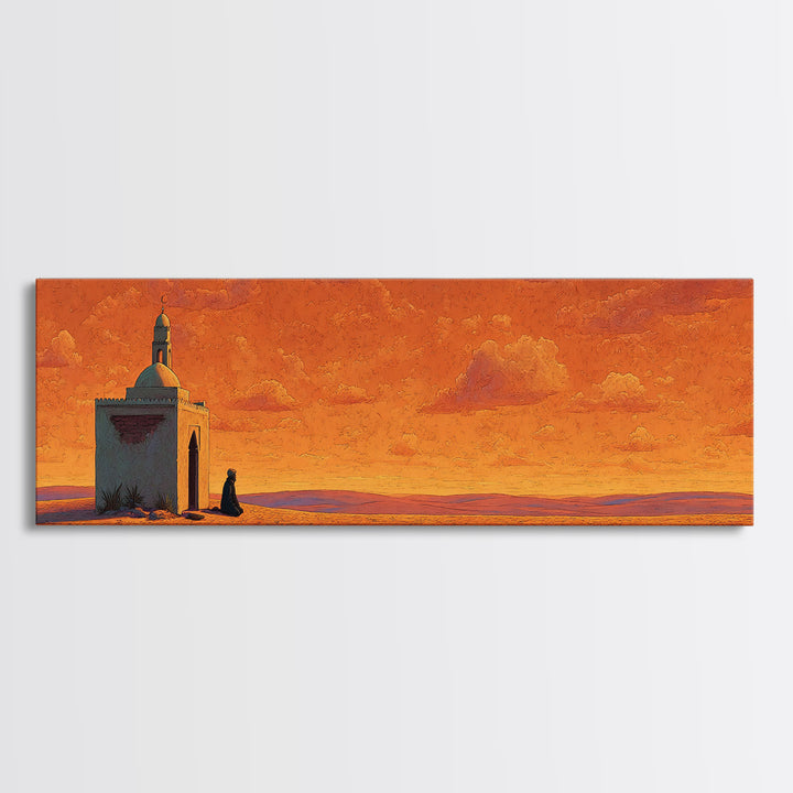 Orange Desert Mosque At Sunset Wall Art, Islamic Landscape Print, Panoramic Canvas, Prayer Room Decor, Warm Earth Tone Home Decor