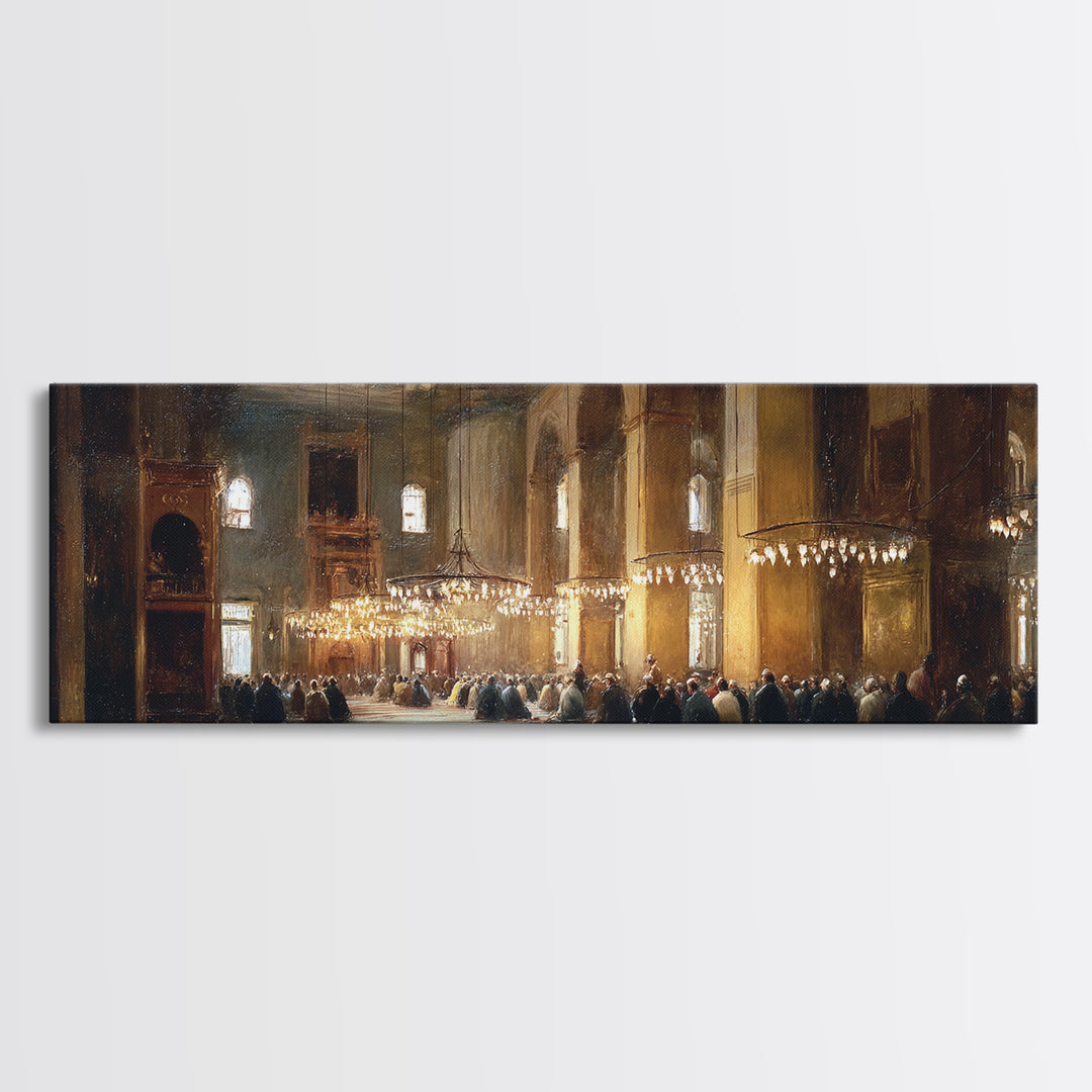 Classic Church Interior Worshipers Praying Under Chandeliers Religious Wall Art Framed Canvas Print
