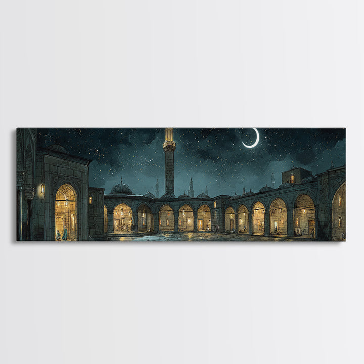 Enchanting Night Courtyard With Starry Sky And Crescent Moon - Magical Wall Art Canvas Print For Bedroom And Living Room Decor