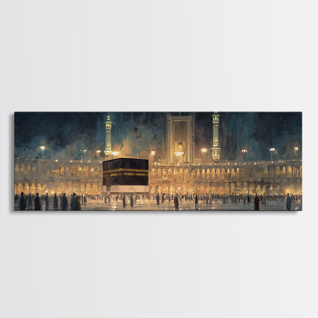 Nighttime Pilgrimage At Sacred Mosque With Glowing Lights And Worshippers Canvas Print