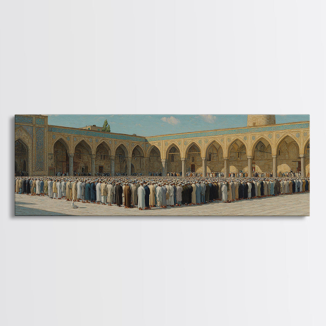 Traditional Islamic Prayer Scene Wall Art Depicting Worshippers in Mosque Courtyard Framed Canvas Print For Spiritual Home Decor