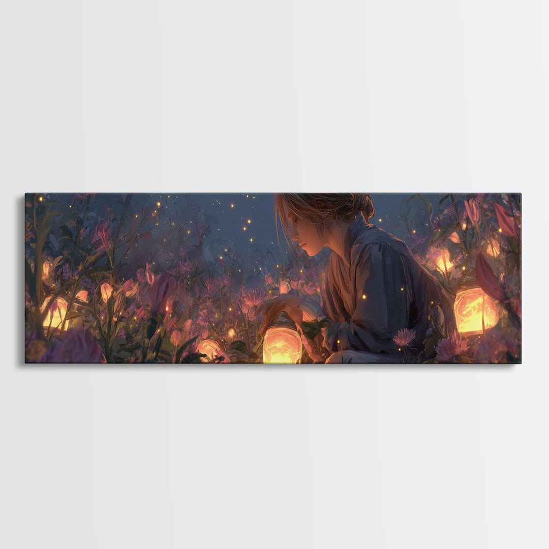 Girl With Glowing Lanterns In Enchanted Garden Wall Art, Fantasy Canvas Print, Whimsical Nursery Decor And Kids Room Decor Gift For Her