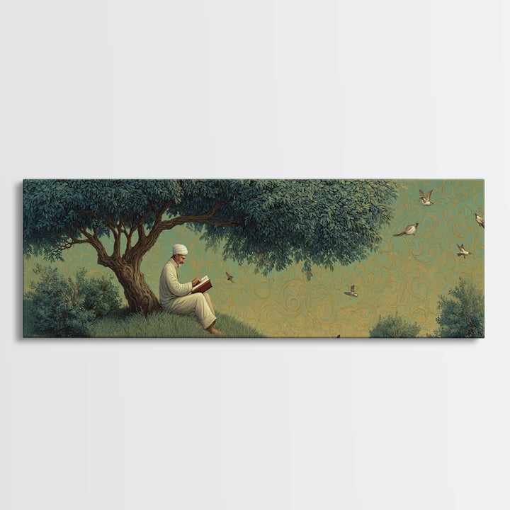 Peaceful Man Reading Under Lush Tree With Flying Birds Scenic Wall Art Canvas Print For Home Decor