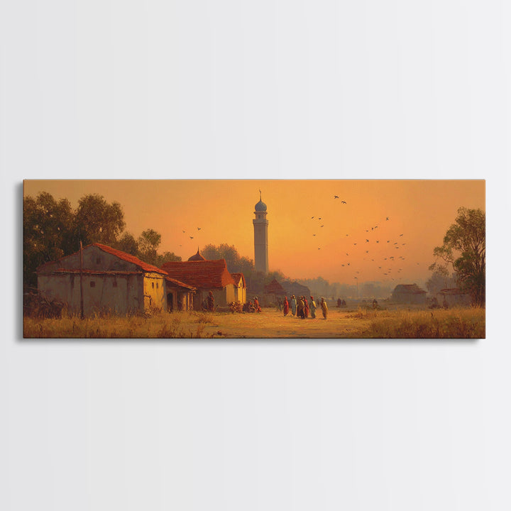 Serene Village Sunset Landscape Painting With Historic Mosque Tower Capturing Peace And Tradition Wall Art