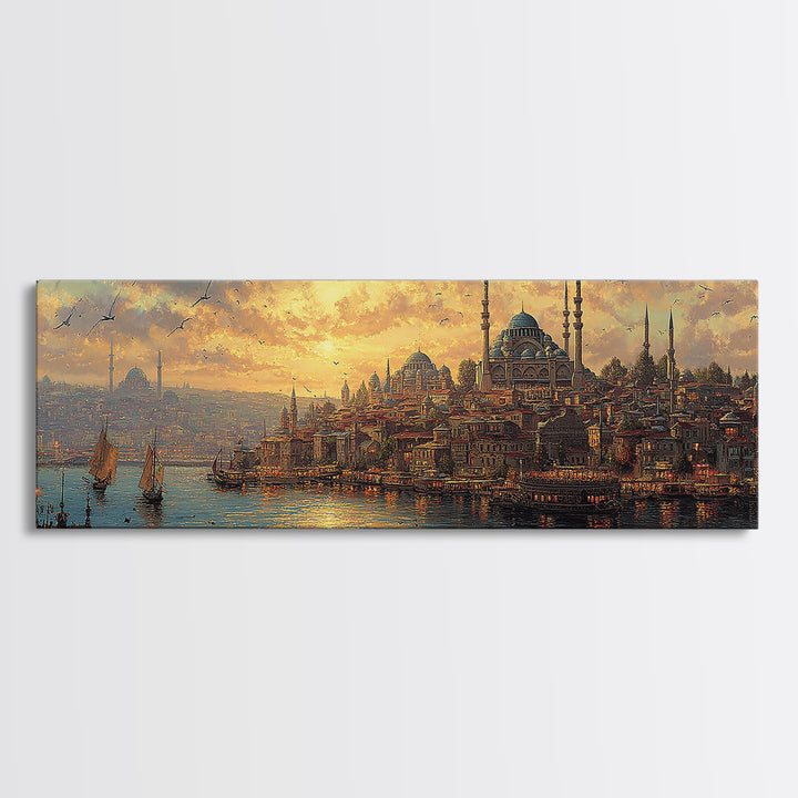 Sunset Over Istanbul Panorama With Historic Sultan Mosque And Boats In Golden Light Wall Art Modern Home Decor
