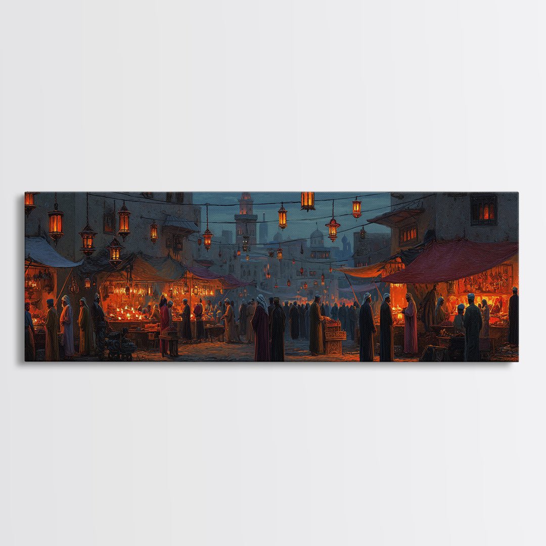 Warm and Lively Market Scene in Middle Eastern Style Oil Painting with Lanterns and Crowds Canvas Print