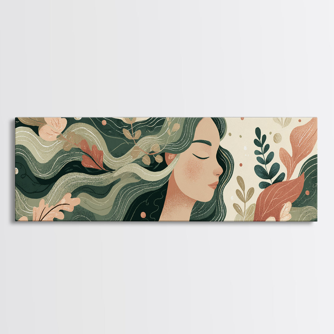 Flowing Green Haired Woman Botanical Wall Art, Feminine Boho Canvas Print, Earth Tone Decor For Bedroom And Living Room Art