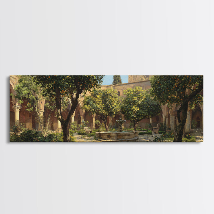 Sunny Courtyard With Orange Trees And Fountain, Classic European Garden Oil Painting Wall Art Print, Large Framed Canvas Print For Home
