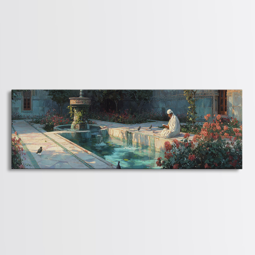 Serene Courtyard With Reflective Water And A Man Reading In Peaceful Garden Scene Wall Art