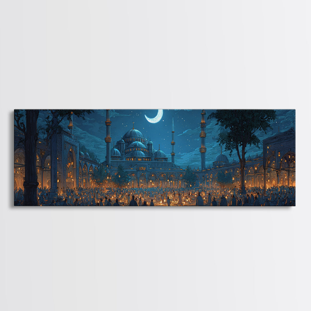 Serene Nighttime Mosque With Illuminated Lanterns And Crescent Moon Wall Art Framed Canvas Print For Spiritual Home Decor
