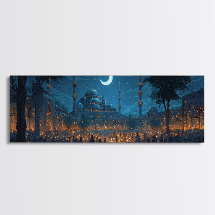 Serene Nighttime Mosque With Illuminated Lanterns And Crescent Moon Wall Art Framed Canvas Print For Spiritual Home Decor