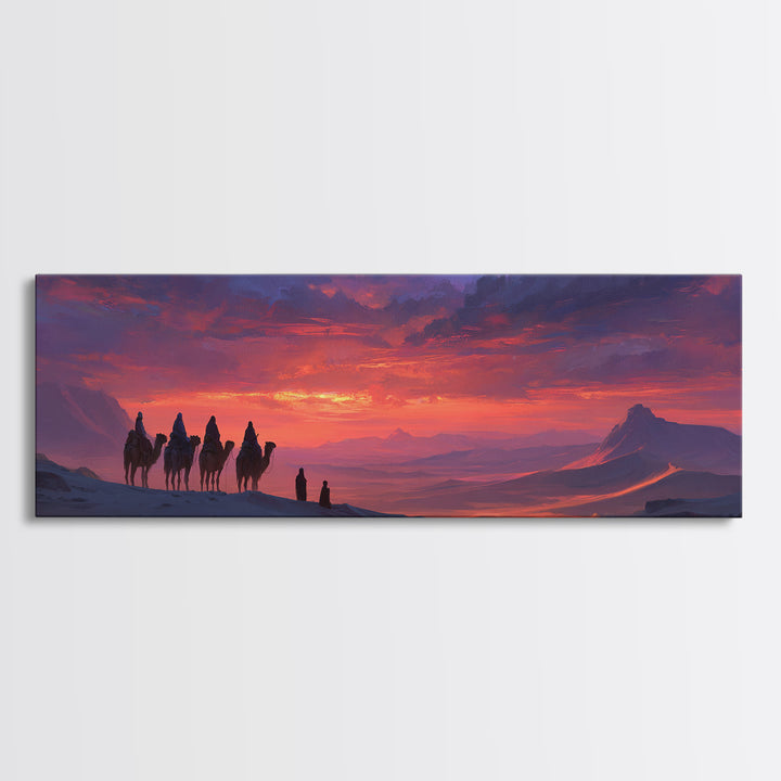 Dramatic Desert Caravan With Camels Traveling At Sunset Landscape Wall Art For Living Room Cozy Home Decor Framed Canvas Print