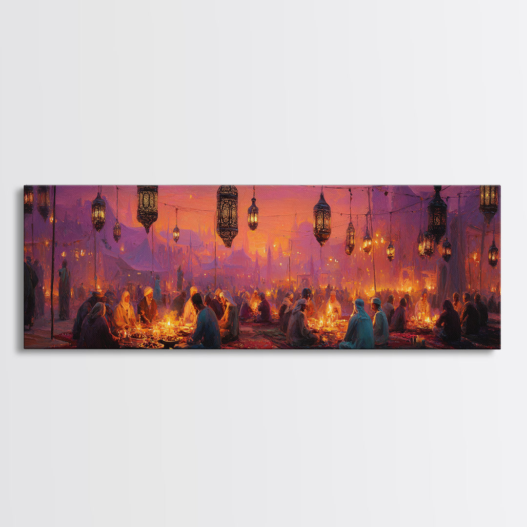 Vibrant Middle Eastern Night Festival With Lanterns And People Enjoying Colorful Celebration Framed Canvas Print