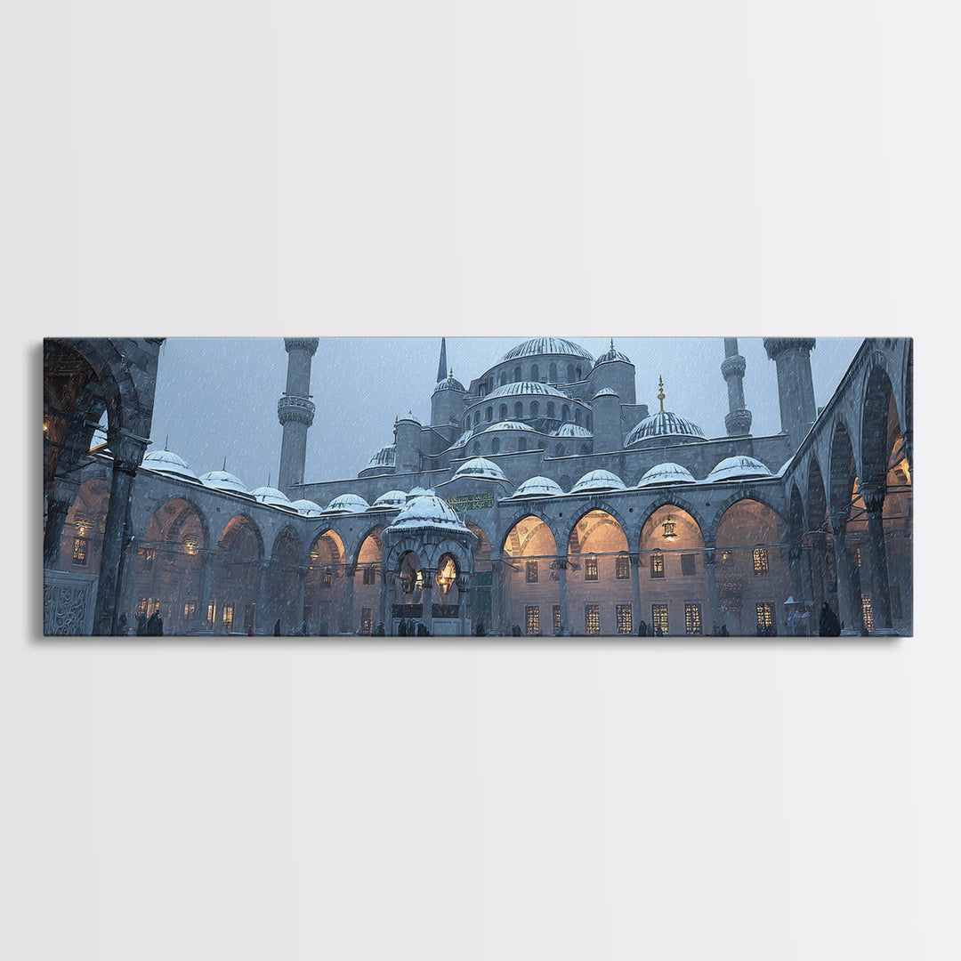 Historic Mosque Courtyard In Snowfall Cityscape Digital Painting Modern Wall Art Canvas Print For Home Decor
