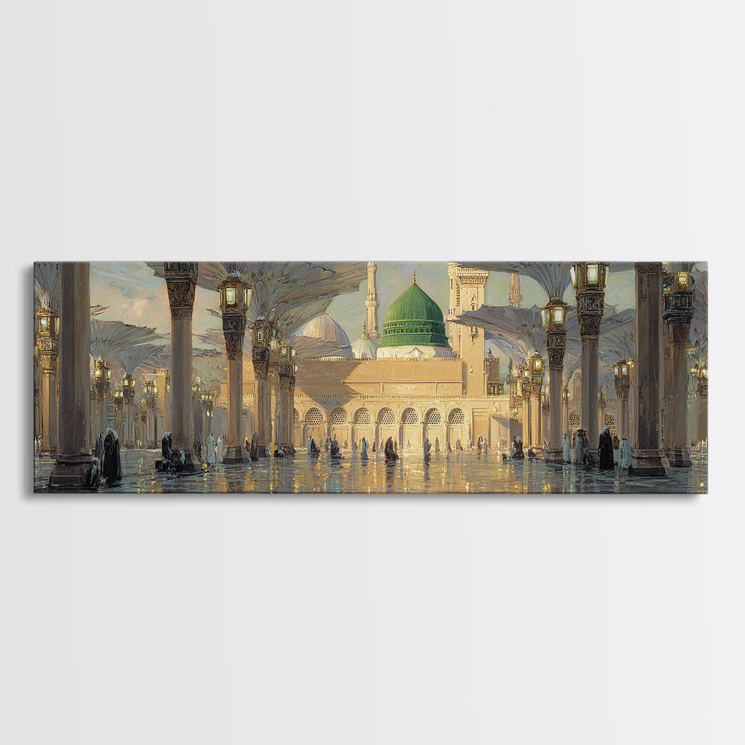 Ornate Mosque Interior With Illuminated Columns And Green Dome Wall Art Canvas Print Featuring Traditional Islamic Architecture And Spiritual Ambiance