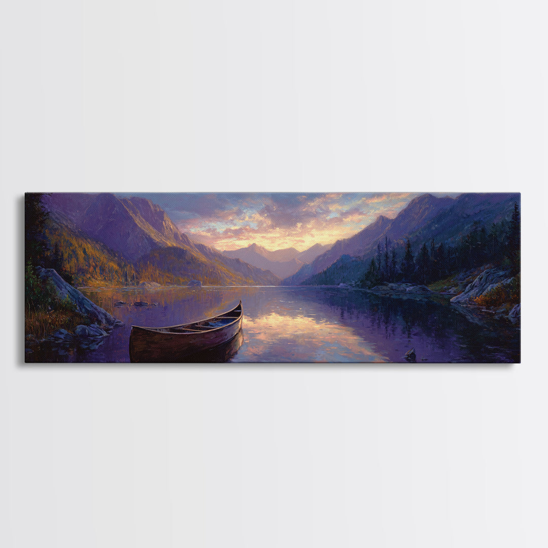 Serene Mountain Lake Landscape With Canoe Oil Painting Framed Canvas Print Large Wall Art For Living Room Decor