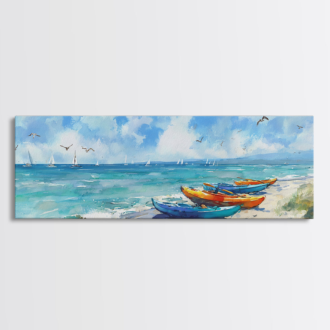 Vibrant Colorful Kayaks On Serene Beach Ocean Scene Beach Wall Art Watercolor Canvas Print